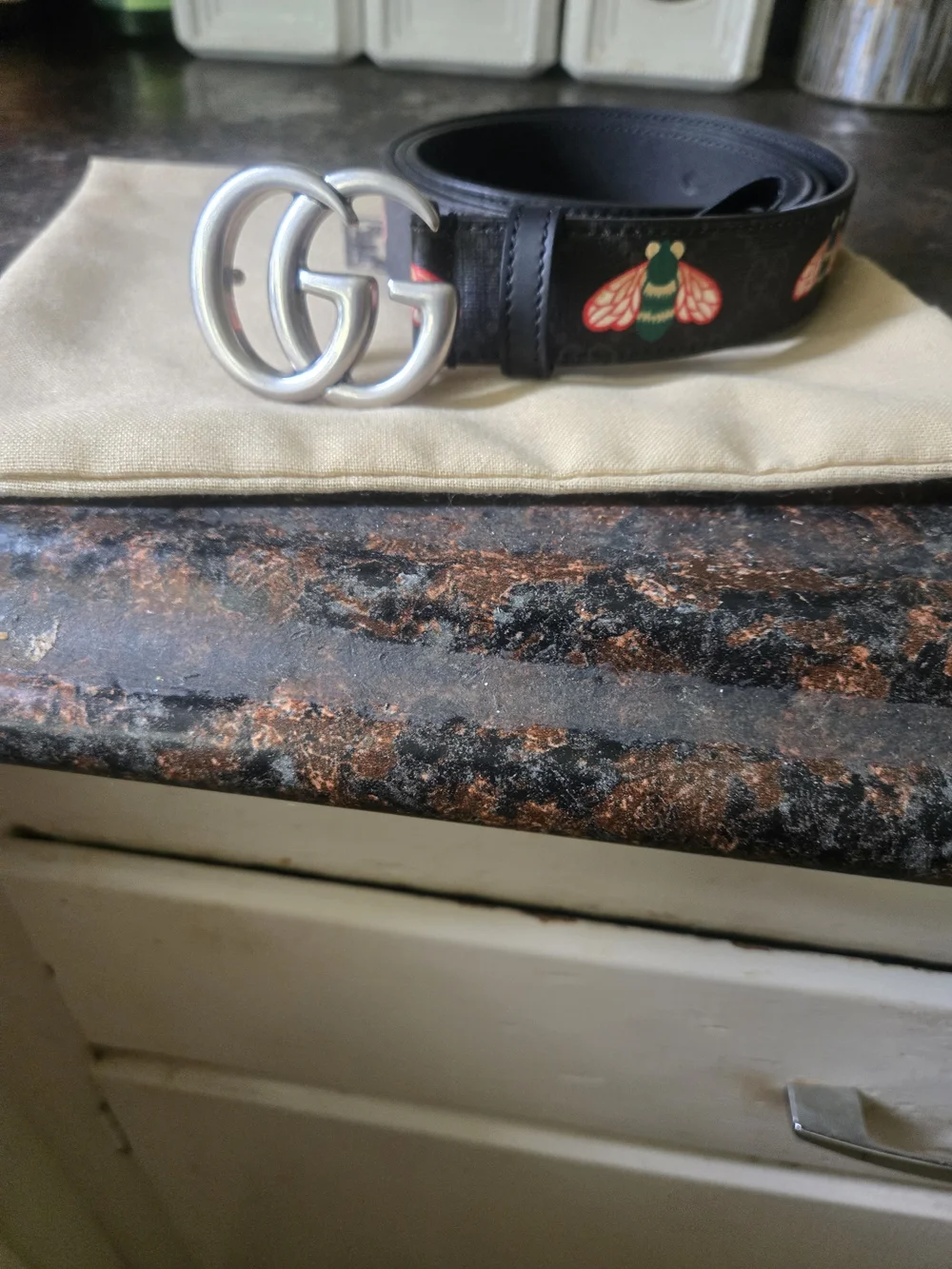 Gucci Black Leather Belt with Silver Double G Buckle and Red/Green Bee Motif